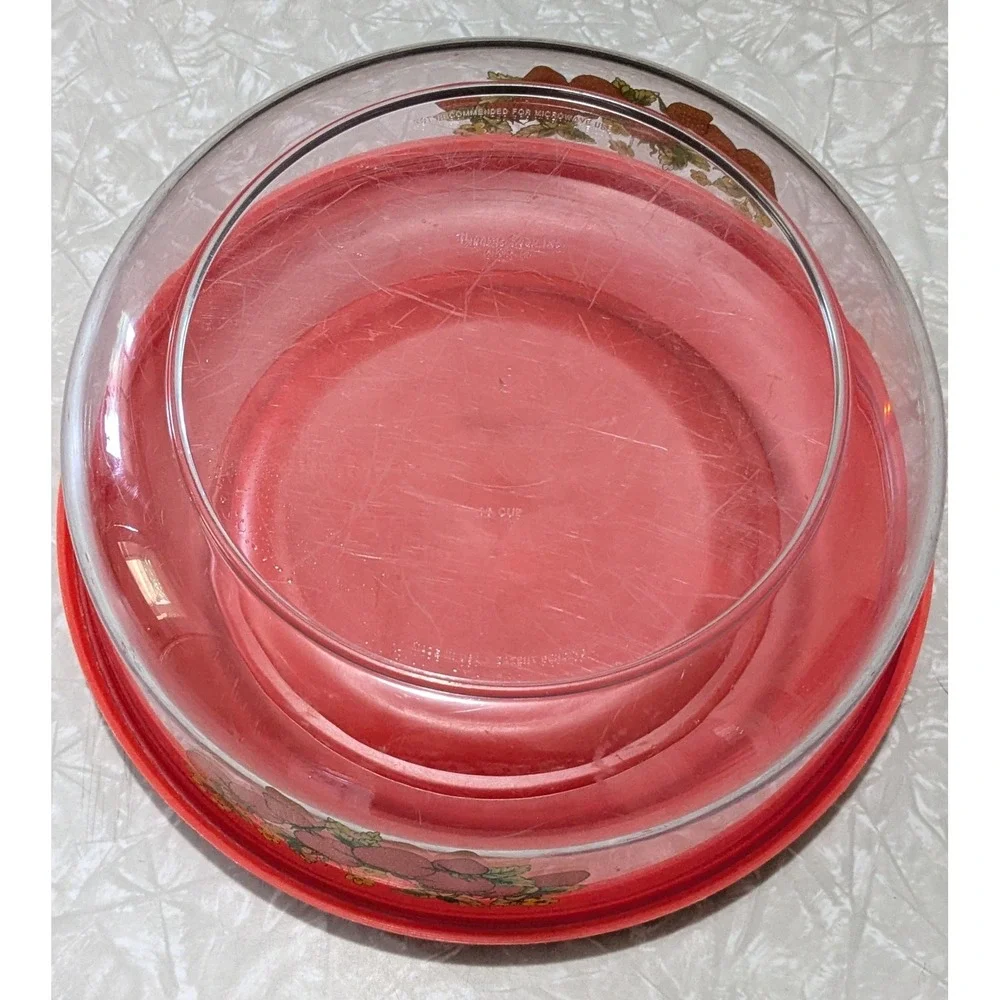 Vintage ThermoServ Strawberry Plastic Serving Bowl 16 Cup Clear Red Lid USA Made